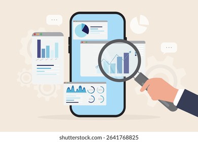 Data analytics research and business finance investment analysis report from smart phone concept. Hand holding magnifying glass marketing infographic dashboard graph monitor flat vector illustration.