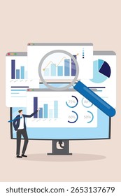 Data analytics research for business finance investment analysis from Technology and AI concept. Businessman and Magnifying glass with marketing infographic dashboard graph flat vector illustration.