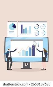 Data analytics research for business finance investment analysis report concept. Business team presenting marketing infographic dashboard graph monitor flat vector illustration.