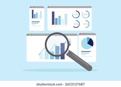Investigación de análisis de datos para el concepto de estrategia de marketing de análisis de inversiones de finanzas comerciales. Lupa con Ilustración vectorial plana de gráfico de tablero de infografía de marketing.