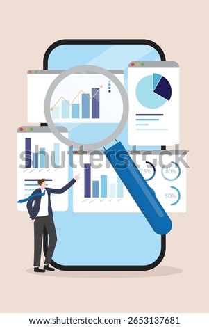 Data analytics research for business finance investment analysis from smart phone and AI Technology concept. Magnifying glass with marketing infographic dashboard graph flat vector illustration.