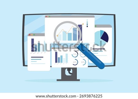 Data analytics research for business finance investment analysis from Technology and AI concept. Magnifying glass with marketing infographic dashboard graph flat vector illustration.