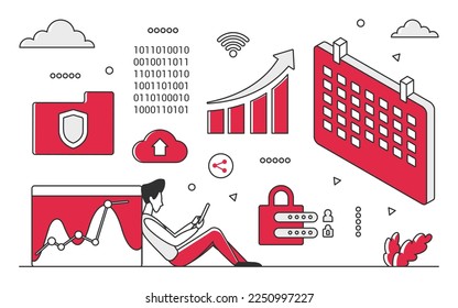 Data analytics safety. Big data management, cyber security vector monocolor illustration