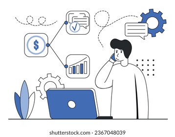 Data analytics scene. Сharacter discusses financial growth, income and reports on the completion of tasks with the client. Financial management illustration concept. Vector illustration.