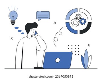 Escena de análisis de datos. С Carta analiza el crecimiento financiero, los ingresos y los informes sobre la realización de las tareas con el cliente. Concepto de ilustración de la gestión financiera. Ilustración vectorial.