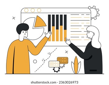 Data analytics scene. Financial management illustration concept. Characters analyze candlestick and pie charts, various types of graphs.Vector illustration.