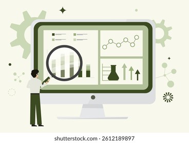 Data Analytics Scientific Research Dashboard Illustration. Professional analyzing graphs and scientific data on a computer dashboard with laboratory flask icon and statistical charts. Vector
