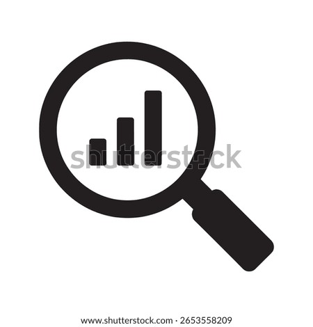 Data analytics search icon with magnifying glass over a bar chart for business intelligence report market research and statistics review vector solid glyph icon