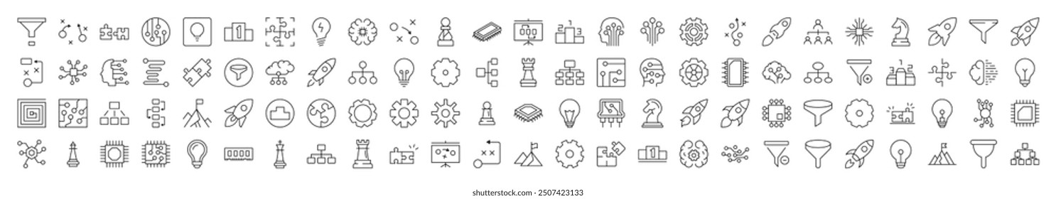 Data and Analytics Simple Linear Illustrations. Contains Icons of Puzzle, Funnel, Gear, Cogwheel, Spaceship that Can Be Used for Design of Cards, Posts, Apps, Web Sites 