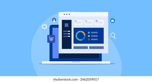 Data analytics software, CRM, Cloud data technology, Software dashboard, Business, Financial, Marketing data  report - vector illustration background with icons