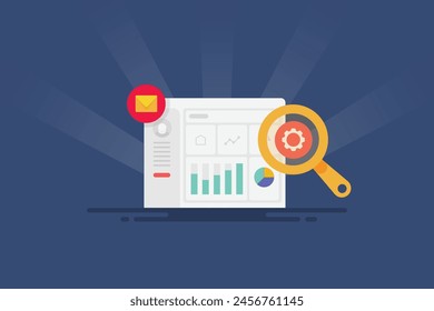 Data analytics software dashboard, Business tool displaying business data chart and graphs, Digital marketing report, SEO audit - vector illustration with icons