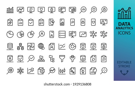 Data analytics and statistics isolated icon set. Set of research marketing, personal information, business presentation, database network, pie chart, bar graph, mind map, data analysis vector icons