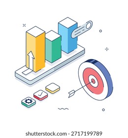 Ilustración isométrica de la estrategia de análisis de datos que destaca los conocimientos, el seguimiento y los objetivos comerciales