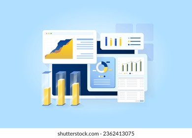 Data analytics, strategy and planning report on the desktop screen. Business growth is up.