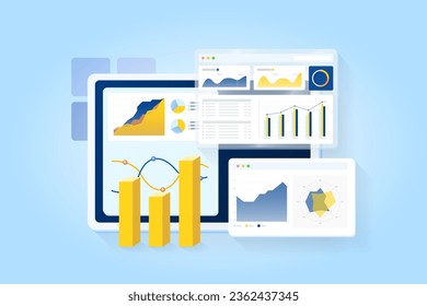 Data analytics, strategy and planning report on the desktop screen with graph and blue background. Business growth up.