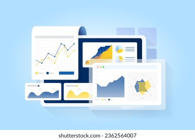 Data analytics, strategy and planning report on the desktop screen and paper with graph and blue background. Business growth up.