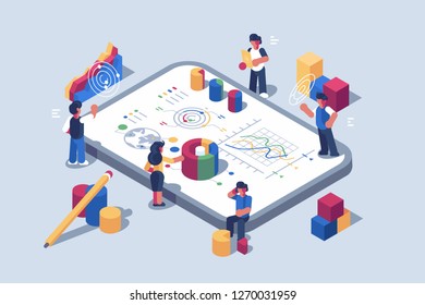 Data analytics systems software for mobile devices vector illustration. Small people characters near giant gadget with different graphs charts and diagram. Statistical infographics