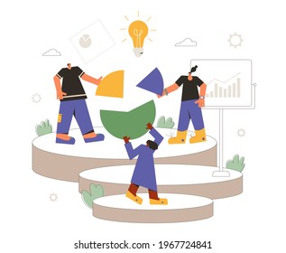 Data analytics team. Financial report concept. Business presentation preparation. Tiny people with huge circular diagram and graph. Teamwork. Vector flat illustration.