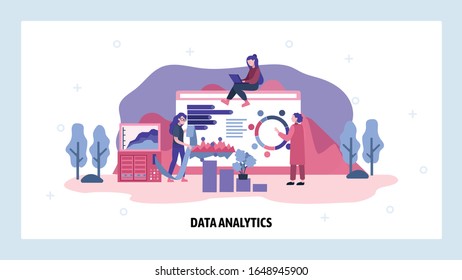 Data analytics team study financial report. Business analysis, technology, dashboard, charts. Vector web site design template. Landing page website concept illustration