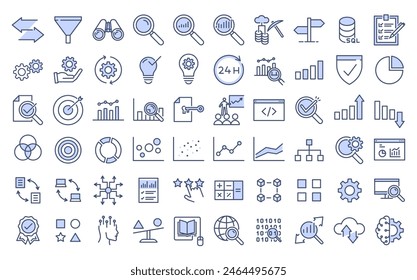 Data Analytics, Technology, and Information Management Icon Set for Business Intelligence, Data Visualization, AI, Machine Learning, Cloud Computing, Cybersecurity, and Process Automation