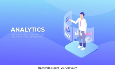 Data analytics tecnology vector. Business character looks at graphs and makes a report. Financial analytics 3d isometry.