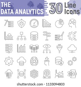 Data analytics thin line icon set, database symbols collection, vector sketches, logo illustrations, web hosting signs linear pictograms package isolated on white background, eps 10.