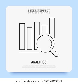 Data analytics thin line icon. Magnifier and increasing graph. Financial analysis. Editable stroke, pixel perfect. Vector illustration.