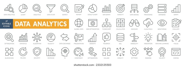  Conjunto de iconos de línea delgada de Data Analytics. Iconos de trazo editable de análisis de datos. Análisis de datos, minería, optimización, procesamiento, estadística, monitoreo, análisis. Ilustración del vector 47 iconos editables