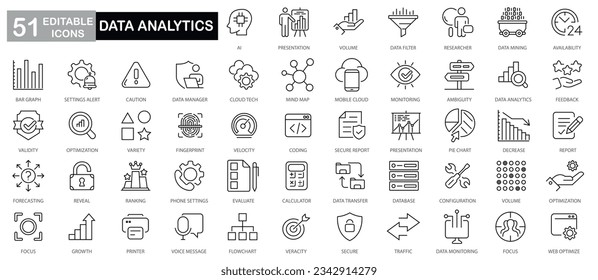 Data Analytics thin line icon set. Data Analysis editable stroke icons. Data analytics, mining, optimization, processing, statistic, monitoring, analysis. Vector illustration analytics outline icons.