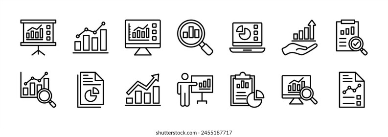 Data analytics thin line icon vector set. Statistical science data information. Containing financial profit graph, database, statistics, chart, presentation, performance. Review results documents