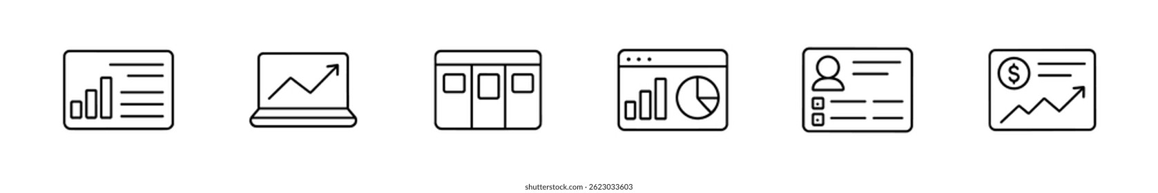 Data and analytics tools icons. Chart, report vector outline icons