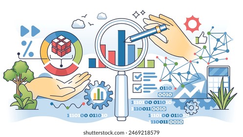 Data analytics tools with information graph research outline hands concept. Analysis for business monitoring, control and statistical reports vector illustration. Methods for company optimization.
