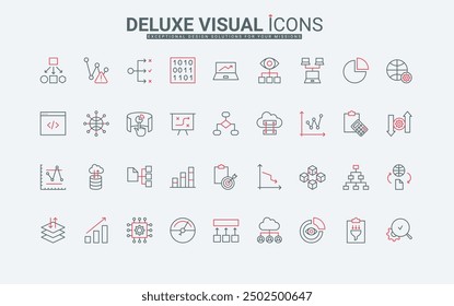 Data analytics, tools and methods, algorithms for information analysis and management line icons set. Software and performance graph of analyst thin black and red outline symbols vector illustration