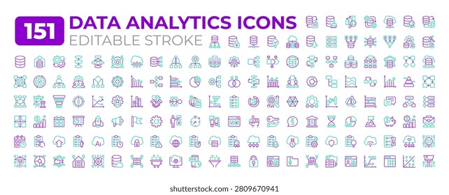 Data analytics two color line icons set collection. Examining raw data. Uncover actionable insights. Support decision making bicolor outline mega pack isolated. Duotone thin lineart. Editable stroke