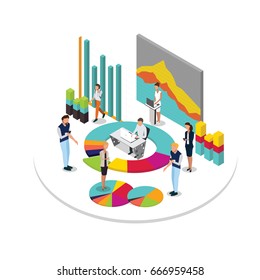 Data Analytics vector concept: isometric business people and data diagram. Business infographic. -stock vector 