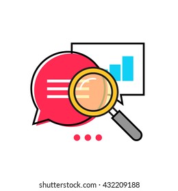 Data analytics vector icon, analyzing information statistic, search optimization, investigation process, analytics research diagram, bubble speech magnifier flat illustration design isolated on white