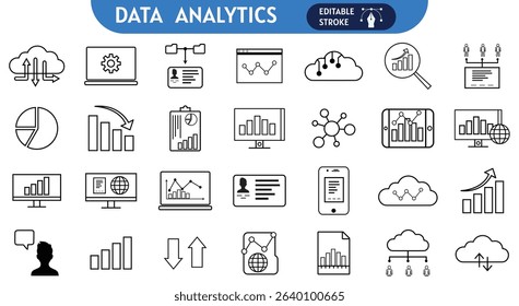 Data Analytics Vector Icon Set editable stroke Adjustable Line Weight Chart, graph, analysis, report, growth, trend, statistics, pie chart, bar graph, line graph, scatter plot, dashboard, editable