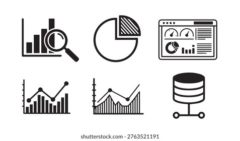 Data analytics vector icon set featuring business charts, pie diagrams, dashboard and database symbols