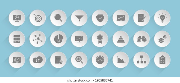 data analytics vector icons on round puffy paper circles with transparent shadows on blue background. Stock vector icons for web, mobile and user interface design