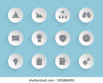 data analytics vector icons on round puffy paper circles with transparent shadows on blue background. Stock vector icons for web, mobile and user interface design