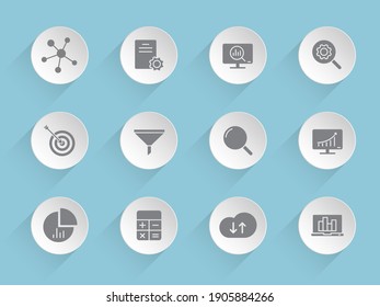 data analytics vector icons on round puffy paper circles with transparent shadows on blue background. Stock vector icons for web, mobile and user interface design