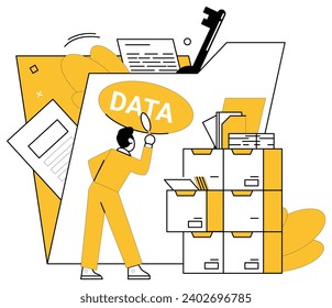 Ilustración vectorial de análisis de datos. Finanzas y economía encuentran sinergia a través de análisis de datos de lentes meticulosos Los responsables de la gestión se encargan del éxito de los barcos con análisis de brújulas Los informes son datos de eco