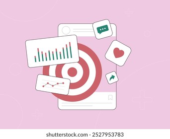 Análisis de datos para visualizar el rendimiento de las redes sociales. Pista de métricas e información clave, monitorea las tendencias, mejora la estrategia de SMM utilizando decisiones basadas en datos. Ilustración vectorial de informes de redes sociales