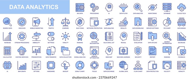 Data analytics web icons set in blue line design. Pack of database, big data process, ai, monitoring, traffic, hosting service, optimization, backup, chart and other. Vector outline stroke pictograms