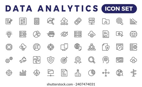 Data analytics web icons set in thin line design. Pack of database, big data process, ai, monitoring, traffic, hosting service, optimization, backup, chart and other. Vector outline stroke icon design