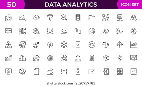 Ícones da Web de análise de dados definidos no design de linha fina. Pacote de banco de dados, processo de big data, ai, monitoramento, tráfego, serviço de hospedagem, otimização, backup, gráfico e outros. 