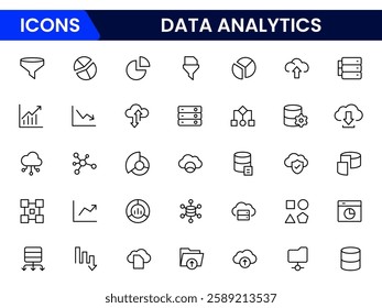 Data analytics web icons set in thin line design. Pack of database, big data process, ai, monitoring, traffic, hosting service, optimization, backup, chart and other. Vector outline stroke icon design