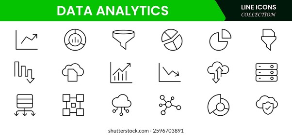 Data analytics web icons set in thin line design. Pack of database, big data process, ai, monitoring, traffic, hosting service, optimization, backup, chart and other. Vector outline stroke icon design