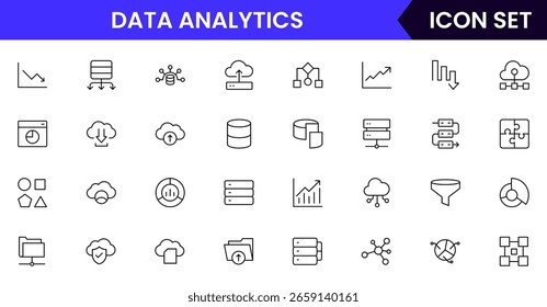 Data analytics web icons set in thin line design. Pack of database, big data process, ai, monitoring, traffic, hosting service, optimization, backup, chart and other. Vector outline stroke icon design