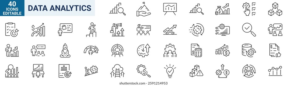 Data analytics web line icons set. Analysis icons, big , data processing, chart and diagram icons, server, mining, data filter, traffic, AI. Statistics, analytics,